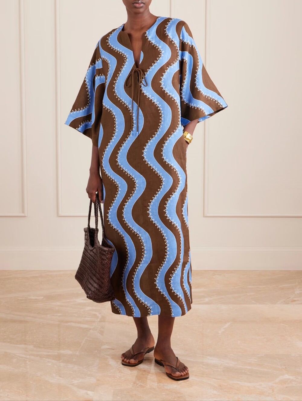 ALEMAIS Tie-detailed embroidered linen midi dress